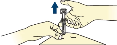 Two hands holding an auto-injector pen placed against the skin with a blue arrow indicating downward movement