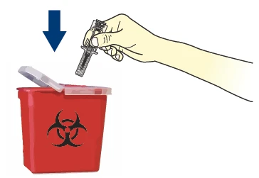 A hand inserting a used syringe into a red biohazard waste container marked with the biohazard symbol, indicated by a blue arrow
