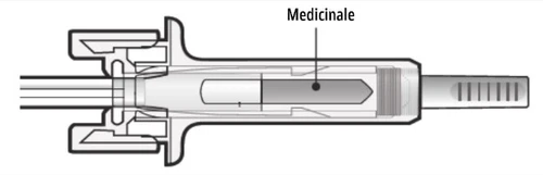 Technical schematic of a medical device showing the internal section with medication contained in a central chamber between components