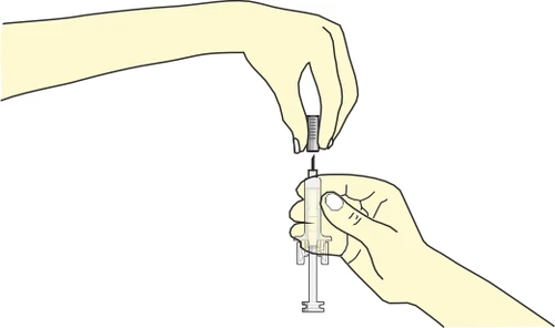 Two hands holding a white syringe with needle while an upper hand removes the protective cap from the syringe