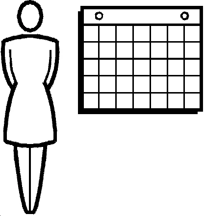 Stylized drawing of a female human figure next to a monthly calendar with a regular grid to indicate therapeutic planning