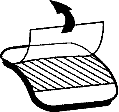 Black and white drawing showing a hand lifting a flap of a transparent film above a surface with parallel stripes