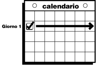 Calendar with grid and the word 'Calendar' at the top, a checkmark in the first box next to the label 'Day 1', and a horizontal black arrow