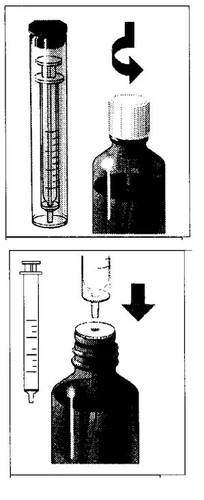 Medical diagram showing a syringe next to a vial, with an arrow indicating the rotation of the cap and the