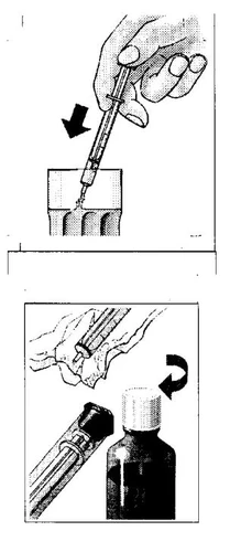 Technical drawing showing a hand inserting a needle with syringe into tissue and a syringe next to an open medicine vial