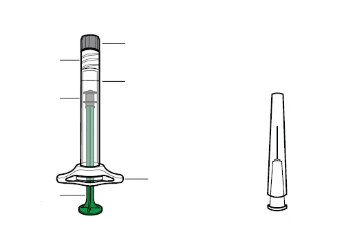 Техническая схема прозрачного шприца с зелёным поршнем и отдельной белой защитной крышкой