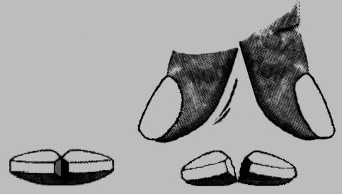 Technical drawing showing the breakdown of a tablet into two parts, with a whole section and two separated halves on a gray background