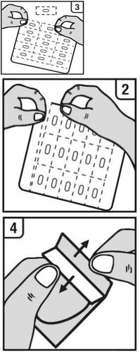 Three black-and-white illustrations show hands handling a tablet package to separate individual doses and remove the blister