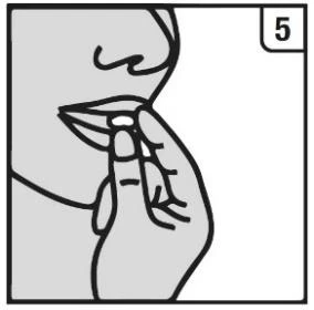 Black-and-white drawing of a hand placing a white tablet into the open mouth of a person, with the number 5 in the upper right corner