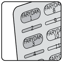 Close-up of a Farydak tablet blister pack with sequential numbers from 1 to 11 printed on each individual grey pill