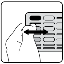 A hand holding a tablet blister pack with a black double-headed arrow indicating a horizontal sliding motion between the pills