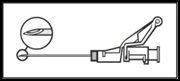 Technical diagram showing a thin needle with a circular magnification of the sharp tip and the syringe connector structure