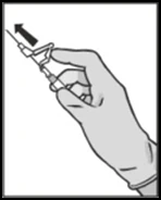 A gloved hand holding a tilted syringe with a black arrow indicating the withdrawal movement