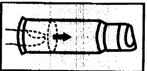 Diagrama técnico en blanco y negro que muestra un recipiente cilíndrico con una flecha apuntando hacia la derecha y líneas discontinuas curvas a la izquierda
