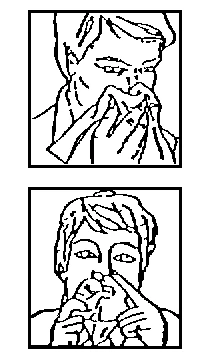 Black and white drawing of a man covering his mouth and nose with a handkerchief and another man holding a handkerchief in front of his face
