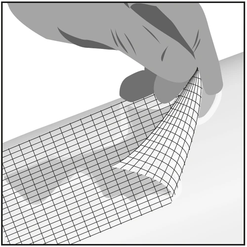 A hand gently lifting a square gauze pad with open weave applied over a light skin surface
