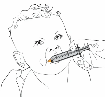 Line drawing of a newborn with a hand inserting a needleless syringe into the baby's mouth to administer an oral medication