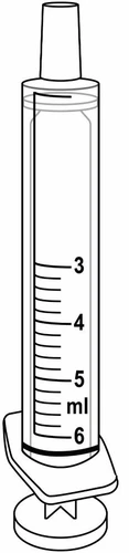 Dibujo técnico de una jeringa graduada con escala métrica de 3 a 6 ml y émbolo en la base