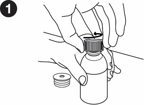 Dos manos giran la tapa de un frasco hacia la derecha para abrirla, con una flecha curva que indica el movimiento rotatorio en sentido horario