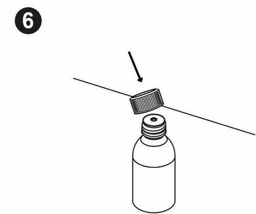 Diagrama que muestra una flecha negra que indica la tapa roscada mientras se retira del cuello de un frasco cilíndrico con el número 6 en la parte superior