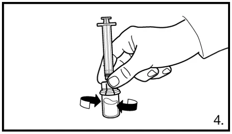 A hand inserts the tip of a syringe into a vial while two black arrows indicate a rotational movement around it