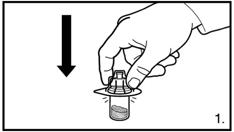A hand grasps the top of a vial with a black arrow pointing downward indicating the downward pressure movement