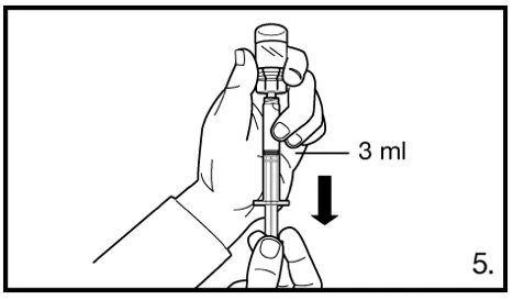 Two hands hold a syringe with a 3 ml indicator and a black arrow pointing downward indicating downward plunger movement