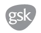 GSK logo composed of white lowercase letters on an irregular, rounded shape in dark gray