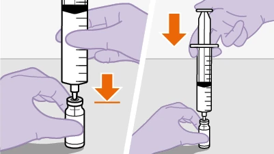 Two purple hands demonstrating how to insert the needle