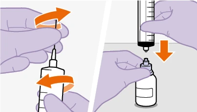 Two gloved hands rotating a syringe with needle to unscrew the cap, and one hand pressing the plunger of the syringe toward the medication vial