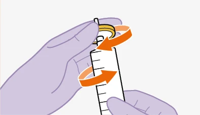 Two gloved hands holding a white cylindrical container, rotating it clockwise as indicated by curved orange arrows