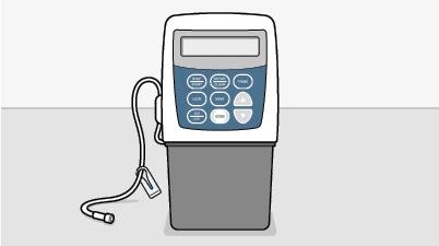 Electronic medical device with digital display, blue control buttons, and power cable connected, on a gray and white background