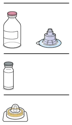 Medical illustration of a glass vial with a red stopper, a blue plastic cap, a vial with a gray stopper, and a yellow dosing device