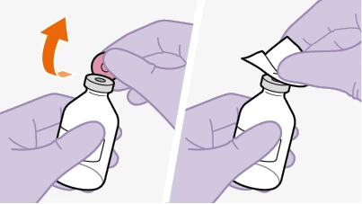 Two hands removing the cap from a white vial, with an orange arrow indicating the upward movement
