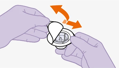 Two gloved hands lifting a circular lid from a medical device, with a curved orange arrow indicating the opening motion