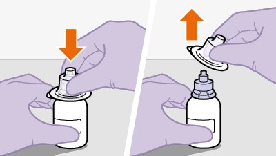 Two gloved hands placing a plastic stopper onto a white vial and then lifting it upward