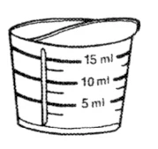 Black and white drawing of a graduated measuring cup with markings for 5 ml, 10 ml, and 15 ml for liquid measurement