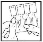 Two hands separate a glass vial from a blister pack containing three identical vials arranged in a row on a white background