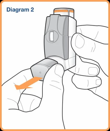 Technical drawing showing two hands holding a medical inhaler with an orange arrow indicating the movement toward the