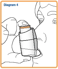 Line drawing of a hand holding a cylindrical medical device near a person's face for the