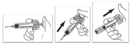 Three sequential drawings show hands holding a syringe to perform a