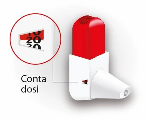 Dispositivo médico blanco y rojo con un aumento que muestra un contador digital con los números 10, 20 y 30 y la leyenda 'Conta dosis'