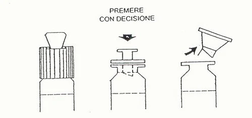 Three-step diagram showing how to firmly press the cap of a medical vial to activate the injection mechanism