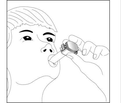 Rysunek liniowy osoby trzymającej inhalator w ręce i umieszczającej go przed ustami w celu