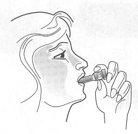 Line drawing of a person in profile holding an inhaler in their hand and placing it into their mouth for the