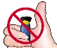 Una mano que sostiene un contenedor azul y amarillo con un símbolo de prohibición rojo circular y una barra diagonal encima de la