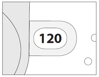 Dibujo esquemático en blanco y negro con el número 120 en el centro de una forma ovalada gris sobre fondo blanco con elementos circulares