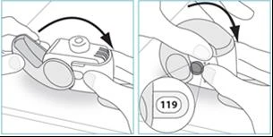 Dos ilustraciones muestran manos girando la parte superior de un dispositivo médico con flechas negras que indican el movimiento rotatorio
