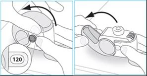 Dos ilustraciones muestran manos girando un dispositivo médico con una flecha curva negra y un detalle circular con el número 120