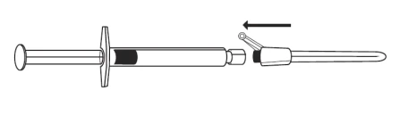 Dibujo técnico de una jeringa horizontal con una flecha negra que indica el movimiento de colocación de la tapa en la punta del dispositivo